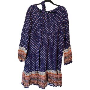 Time And Tru Dress Boho Tunic Blue Sapphire Print has Belt Long Sleeves Large